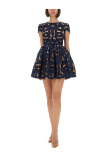 Self-portrait women’s mini dress blue navy lace with fitted bodice flared skirt and intricate cut-out pattern