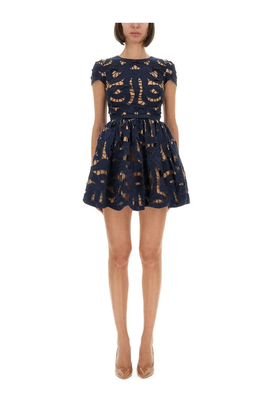 Self-portrait women’s mini dress in navy blue lace with intricate cut-out patterns and a flared skirt