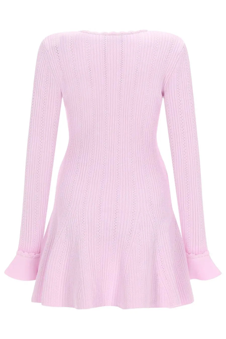 Self-portrait women’s mini dress in soft pink ribbed knit with long sleeves and flared skirt