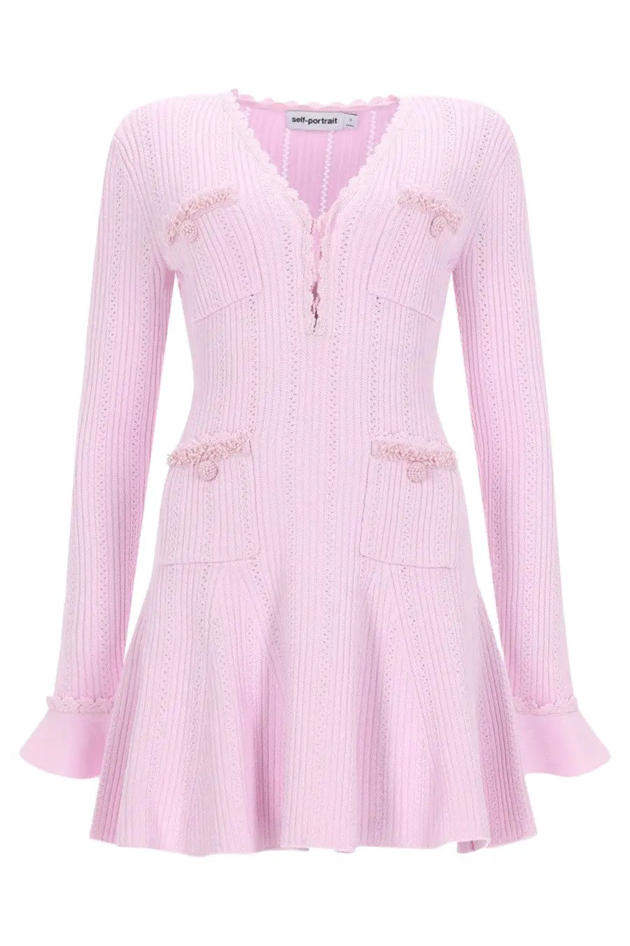 Self-portrait women’s mini dress in soft pink ribbed knit with lace detailing bows v-neckline and flared sleeves