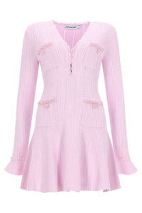 Self-portrait women’s mini dress in soft pink ribbed knit with lace detailing bows v-neckline and flared sleeves