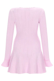 Self-portrait women’s mini dress blue ribbed knit soft pink long sleeves flared skirt front view