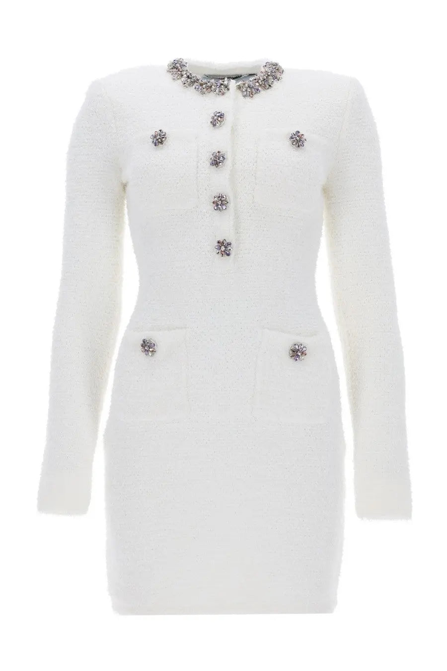 Self-portrait women’s white tweed mini dress with collar and front closure featuring sparkling flower embellishments