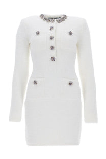 Self-portrait women’s white tweed mini dress with collar and front closure featuring sparkling flower embellishments