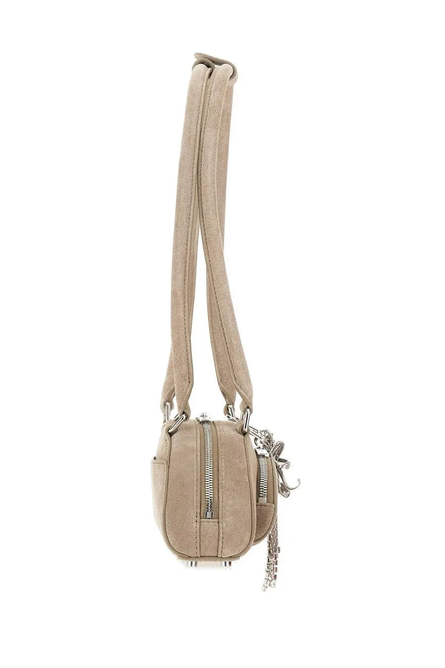 Beige suede self-portrait women’s mini shoulder bag with silver-toned hardware and dangling chain accessory
