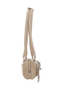 Beige suede self-portrait women’s mini shoulder bag with silver-toned hardware and dangling chain accessory