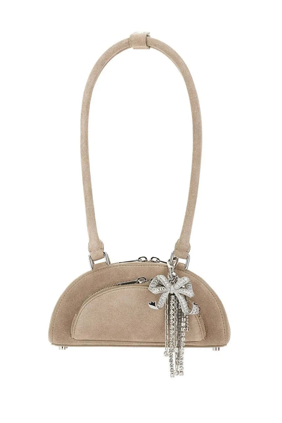Beige suede self-portrait women’s mini shoulder bag with sparkling crystal bow and tassel charm