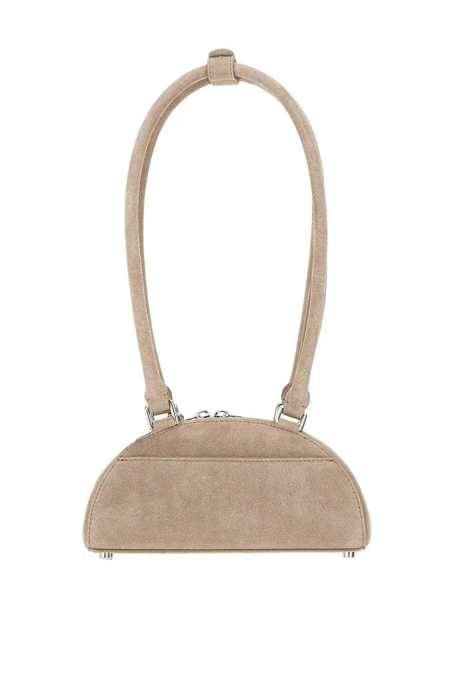 Beige suede self portrait women’s mini shoulder bag with half moon shape curved top handle and silver hardware