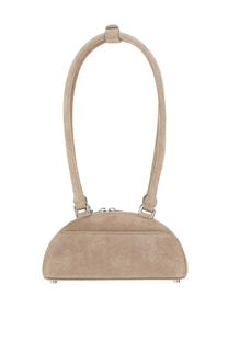 Beige suede self portrait women’s mini shoulder bag with half moon shape curved top handle and silver hardware