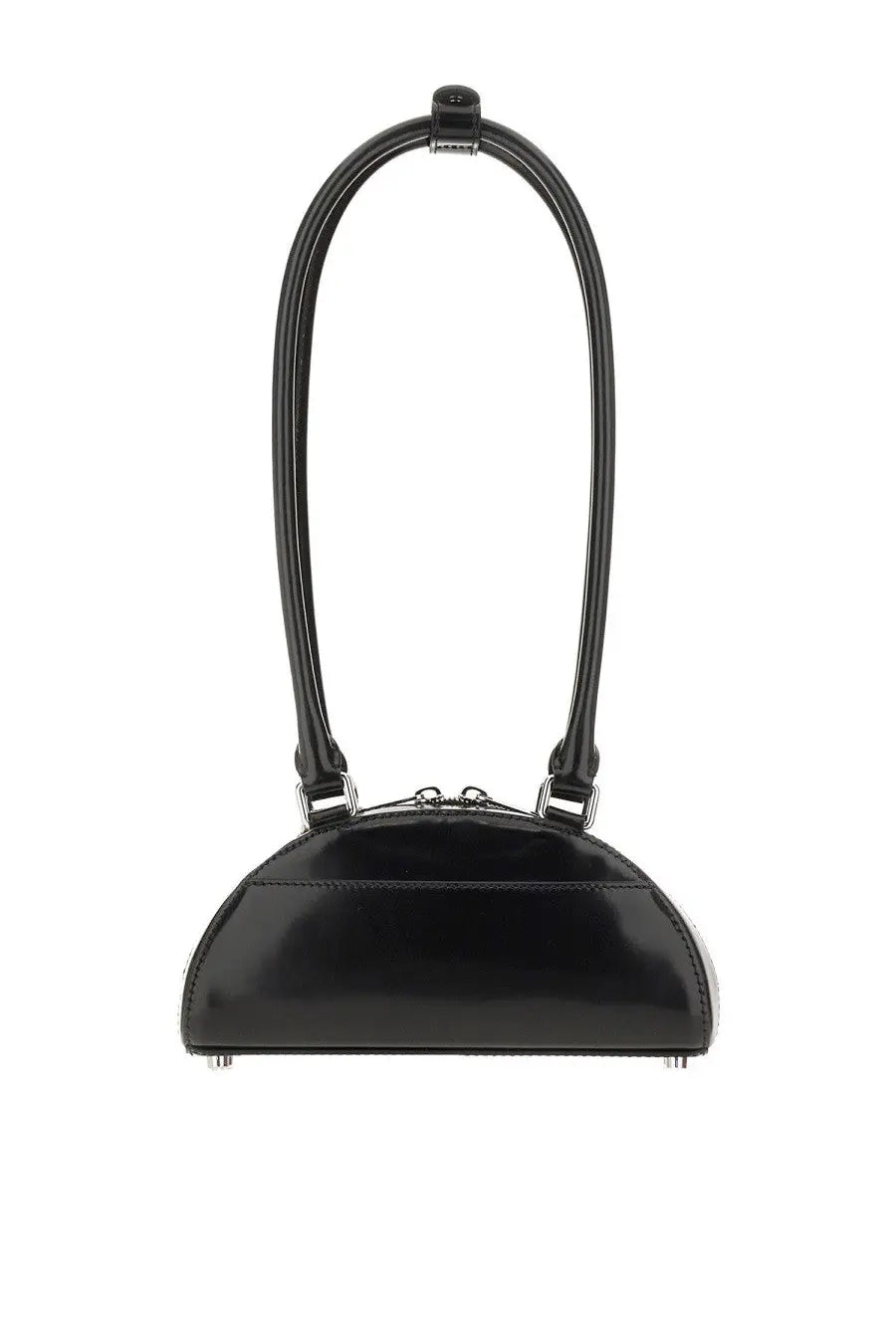 Black glossy leather self-portrait womens mini shoulder bag with curved top handle and silver-toned hardware