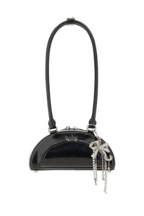 Self-portrait women’s mini shoulder bag black glossy patent leather half-moon with silver crystal bow charm and tassels