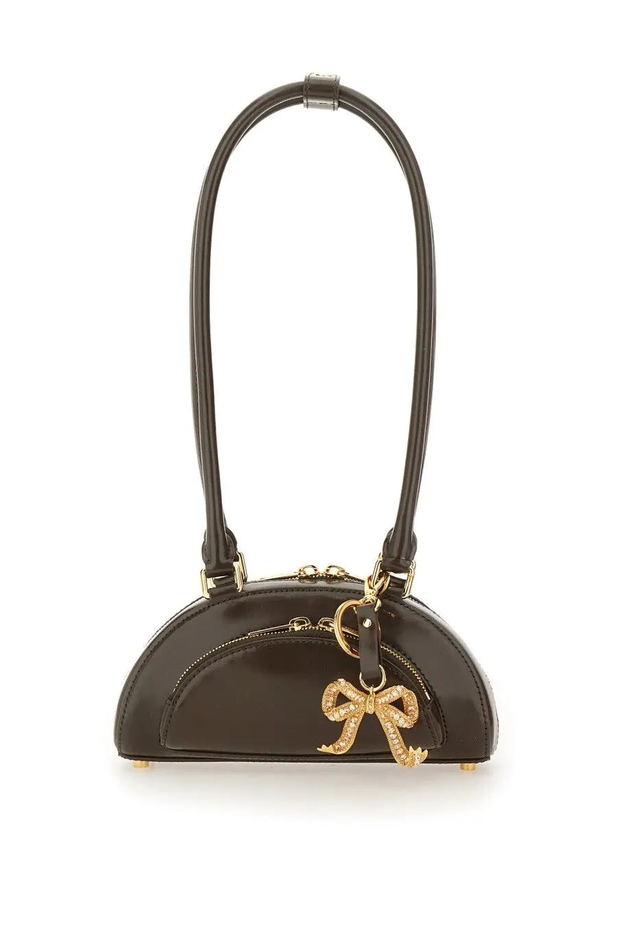 Self-portrait women’s mini shoulder bag brown with black glossy half-moon shape gold-tone hardware and sparkling bow charm