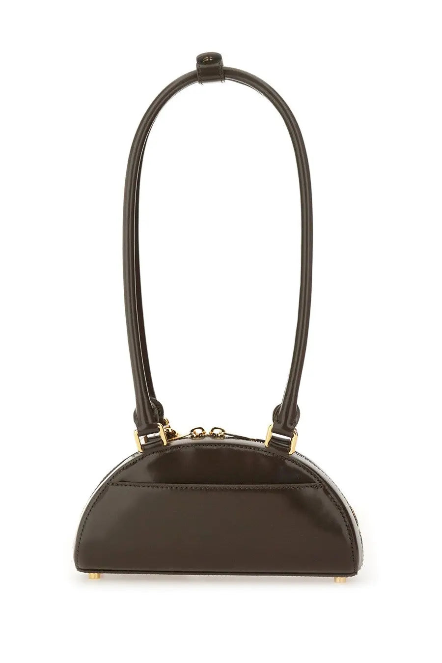 Black semi-circular mini shoulder bag with glossy finish gold-tone hardware and curved top handle by Self-Portrait