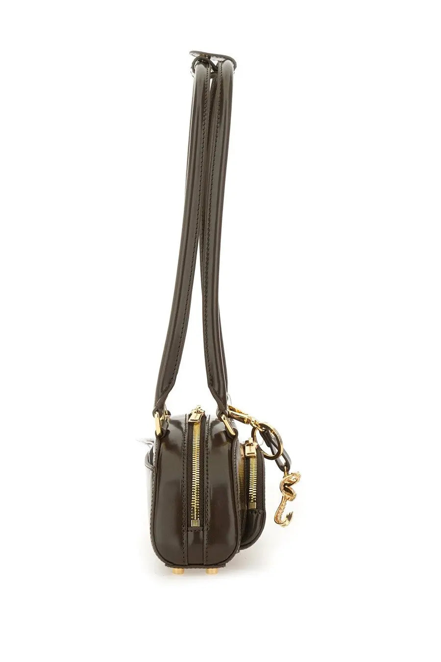 Dark brown patent leather self-portrait women’s mini shoulder bag with gold-tone zippers and snake-shaped charm