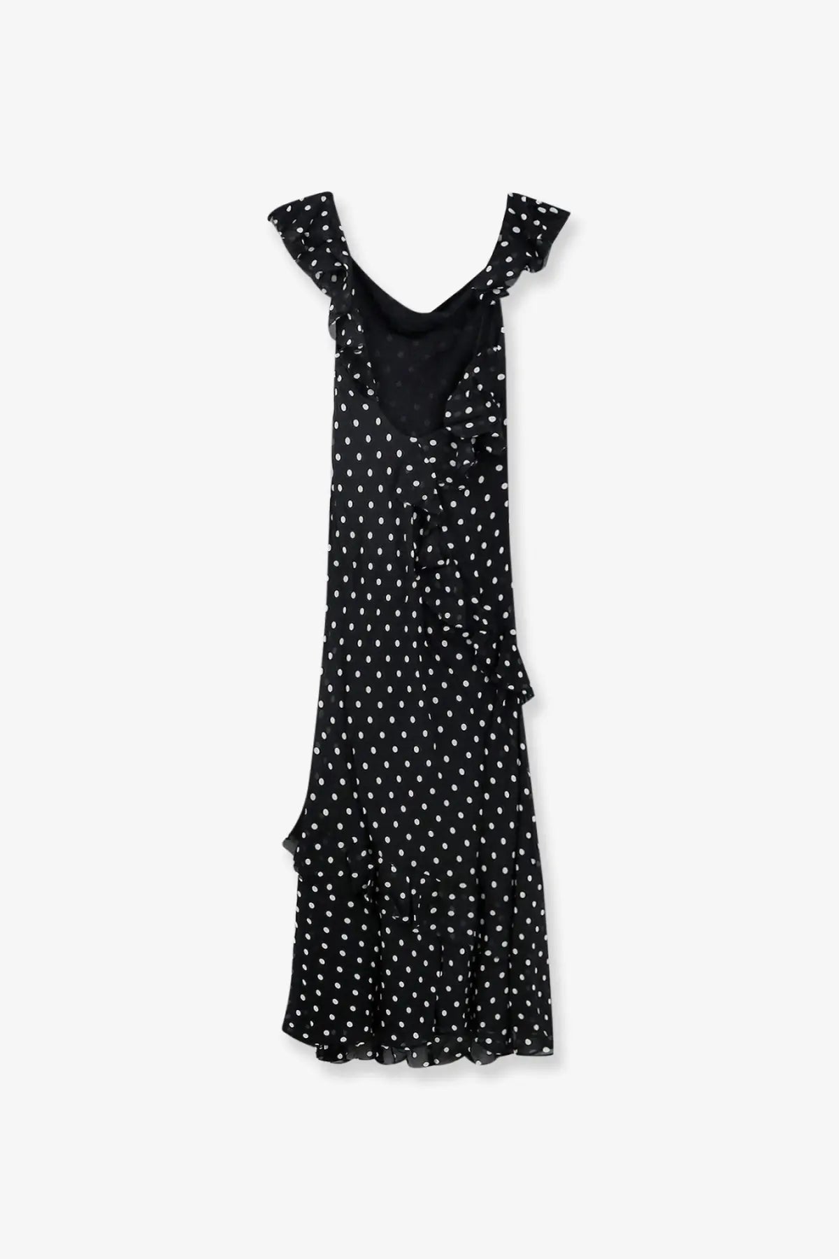 Self-portrait women’s black viscose maxi dress with black polka dots ruffled shoulder straps and tiered flowing hem