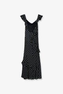 Self-portrait women’s black viscose maxi dress with black polka dots ruffled shoulder straps and tiered flowing hem