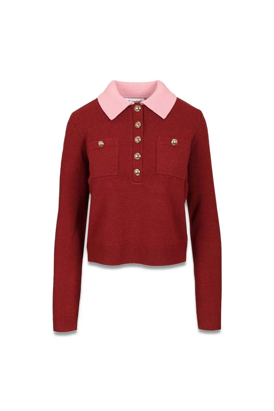 Self-portrait women’s polo cardigan in burgundy knit with pink collar and gold-tone buttons