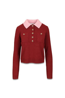 Self-portrait women’s polo cardigan in burgundy knit with pink collar and gold-tone buttons
