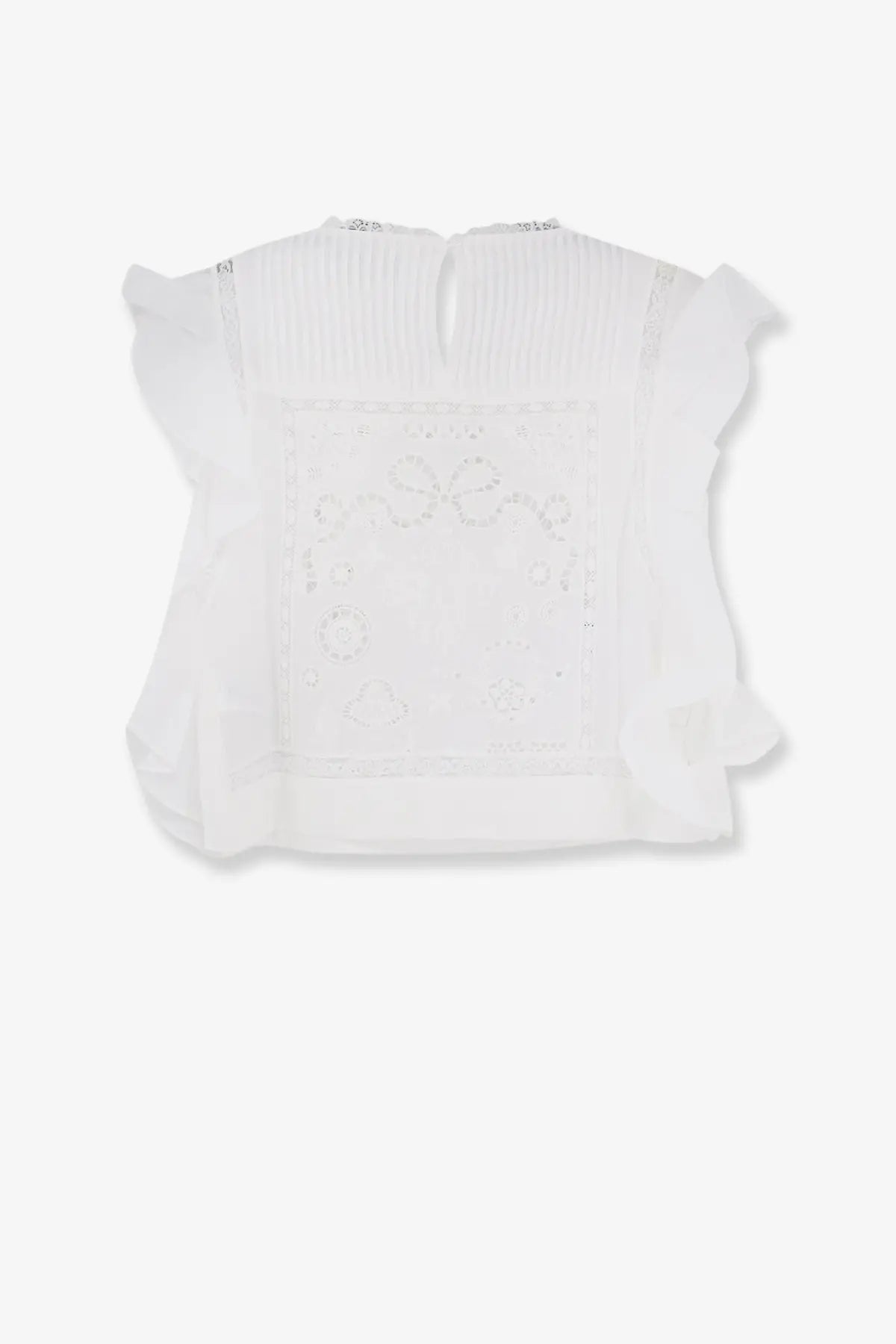 White embroidered self-portrait women’s ramie blouse with ruffled sleeves and delicate patterned design