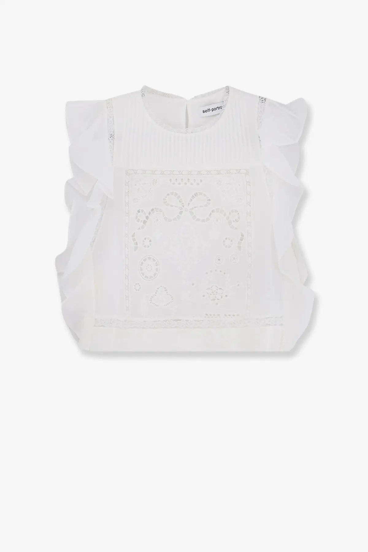 White embroidered self portrait womens ramie blouse with ruffled sleeves and delicate pattern design
