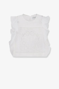 White embroidered self portrait womens ramie blouse with ruffled sleeves and delicate pattern design