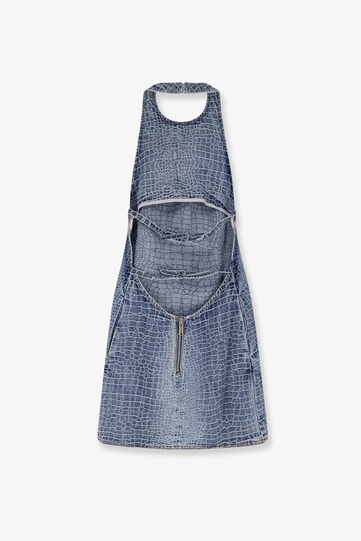 Self-portrait women’s rhinestone croc effect denim mini dress blue with cut-out details and front zipper closure