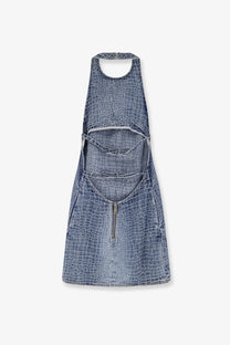 Self-portrait women’s rhinestone croc effect denim mini dress blue with cut-out details and front zipper closure