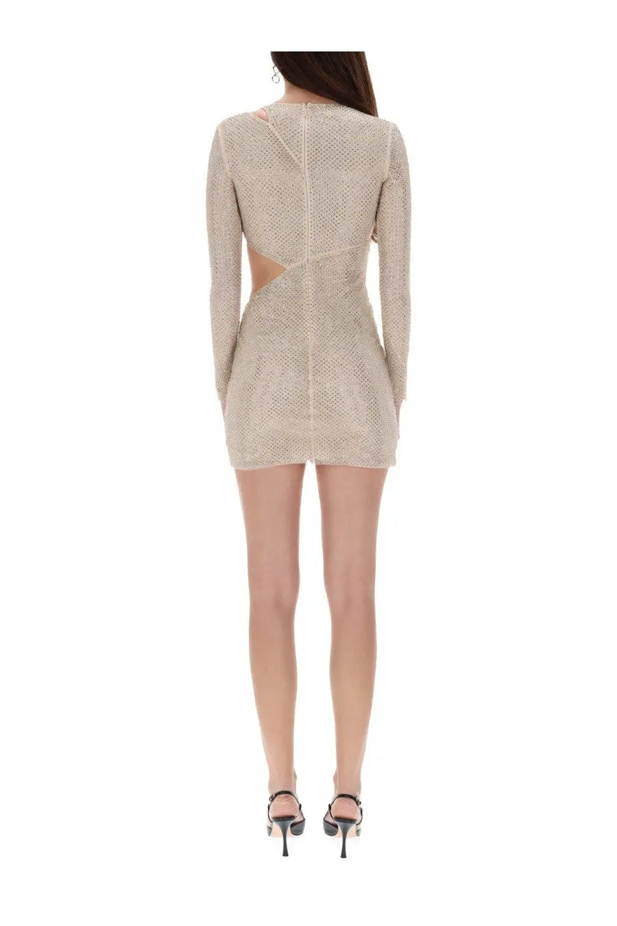 Self-portrait women’s rhinestones mini dress white shimmering beige mesh long sleeves back cutout shown from back side