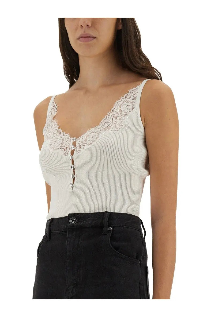 Self-portrait women’s white ribbed knit tank top with delicate floral lace trim and front button closure