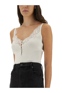 Self-portrait women’s white ribbed knit tank top with delicate floral lace trim and front button closure