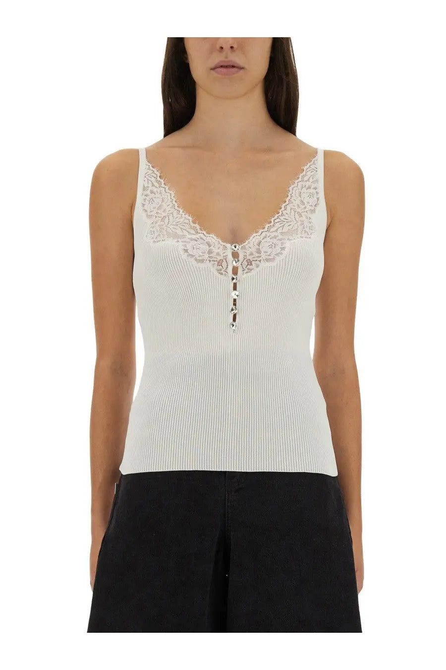 White ribbed knit tank top by self-portrait with delicate lace trim and front button closure in white