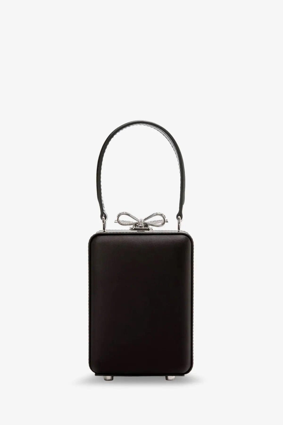 Black leather box clutch with silver bow clasp and curved handle for women by self-portrait