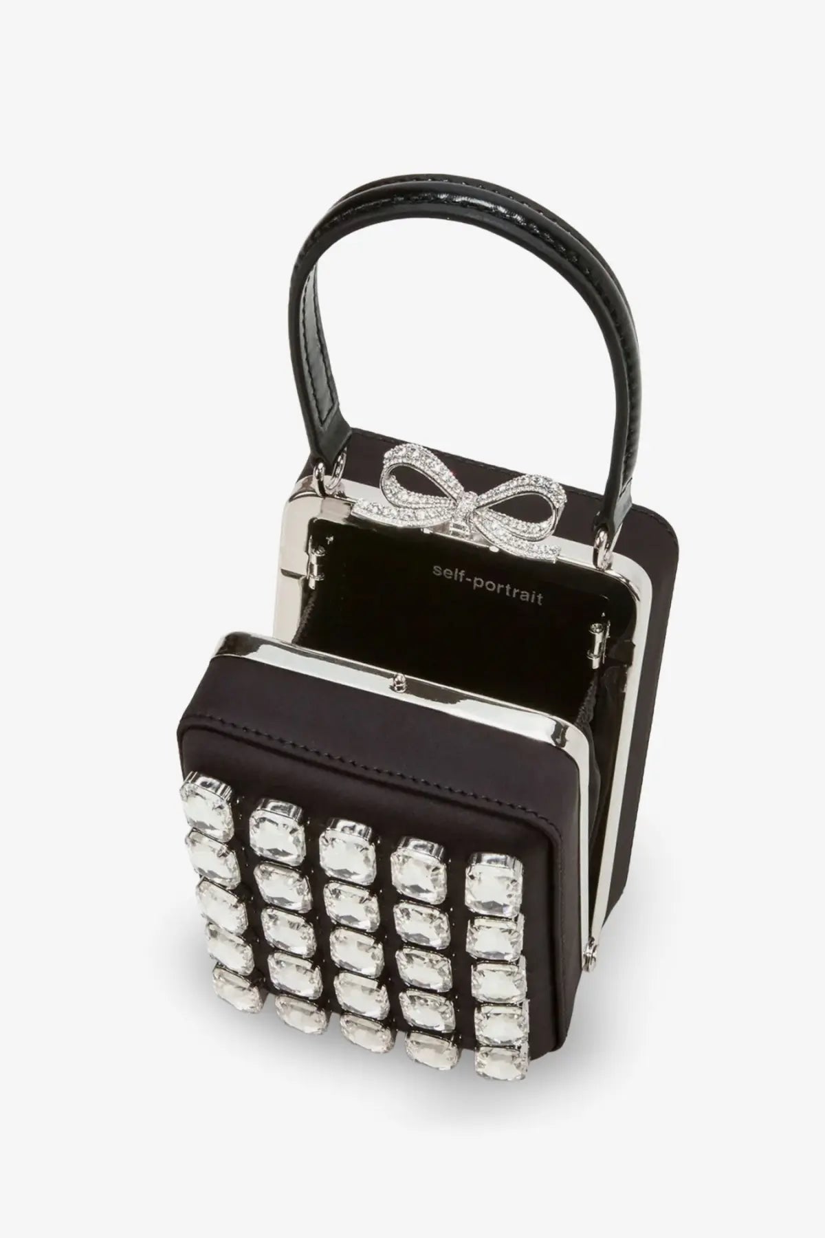 Self-portrait women’s black satin shoulder bag with a silver-toned frame and crystal-encrusted bow clutch design