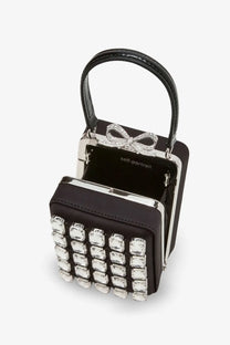Self-portrait women’s black satin shoulder bag with a silver-toned frame and crystal-encrusted bow clutch design