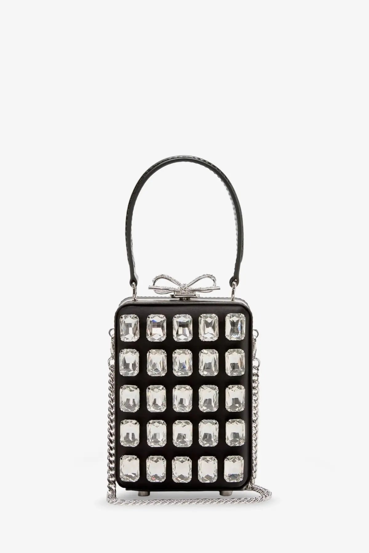 Black self-portrait satin shoulder bag with clear crystal grid, silver chain strap, and handle clutch design