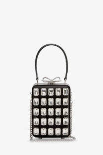 Black self-portrait satin shoulder bag with clear crystal grid, silver chain strap, and handle clutch design