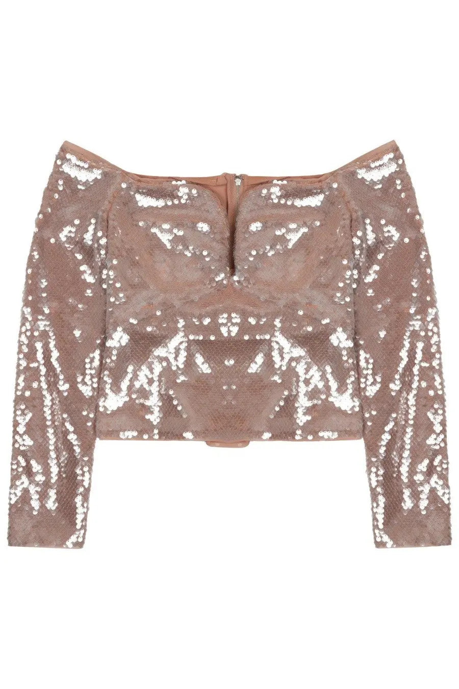 A shimmering rose gold sequined off-the-shoulder crop top with long sleeves and a central zipper by self-portrait
