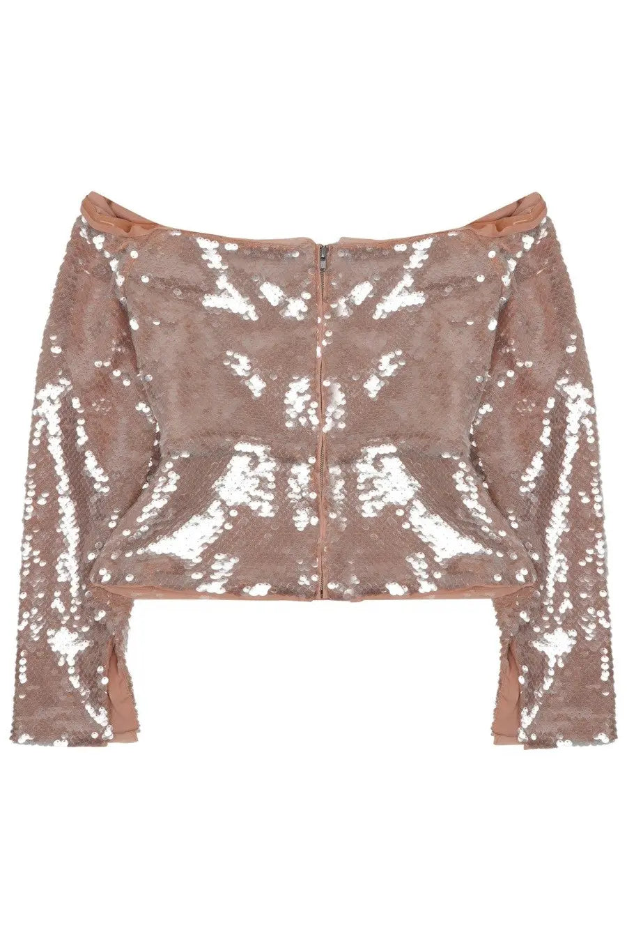 Self-portrait women’s beige sleeveless top with rose gold sequins off-the-shoulder crop design and central zipper