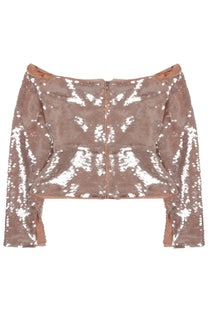 Self-portrait women’s beige sleeveless top with rose gold sequins off-the-shoulder crop design and central zipper