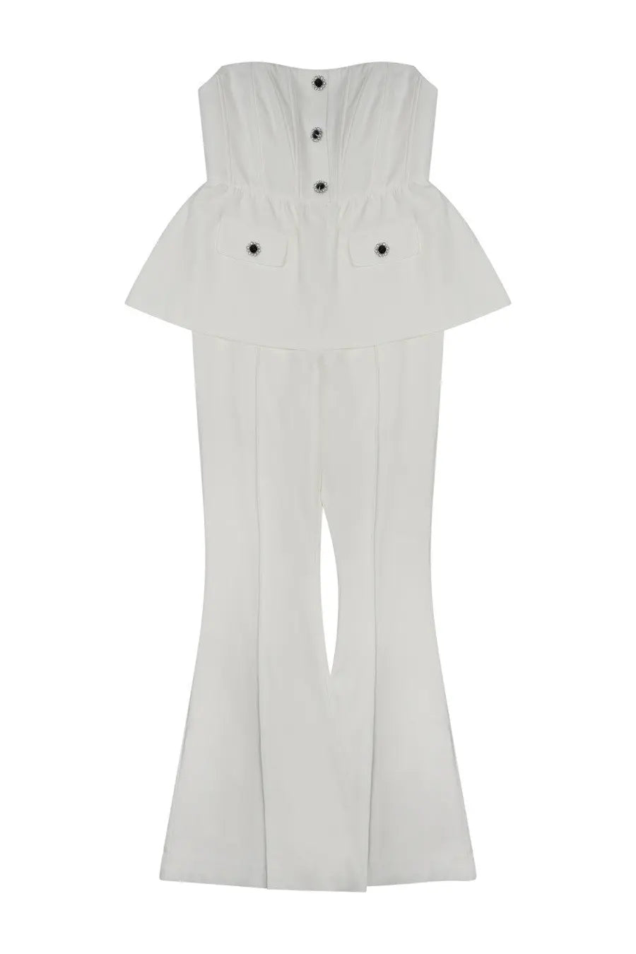 Self-portrait women’s white strapless jumpsuit with peplum waist front button closure and flared legs