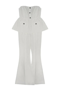 Self-portrait women’s white strapless jumpsuit with peplum waist front button closure and flared legs