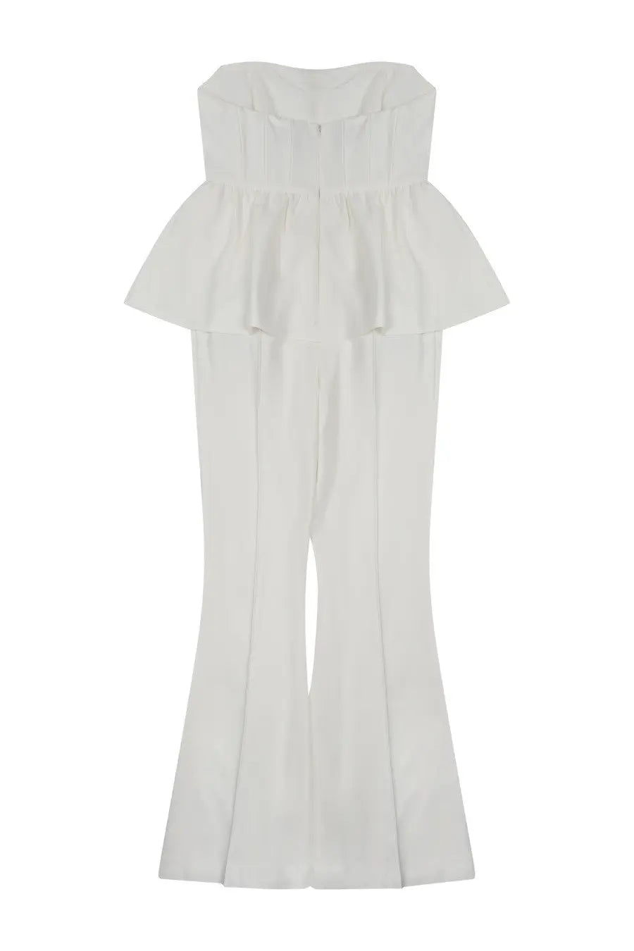 A white sleeveless strapless jumpsuit with ruffled peplum waist and flared legs by self-portrait women