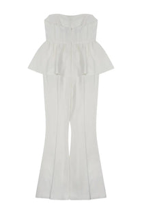 A white sleeveless strapless jumpsuit with ruffled peplum waist and flared legs by self-portrait women