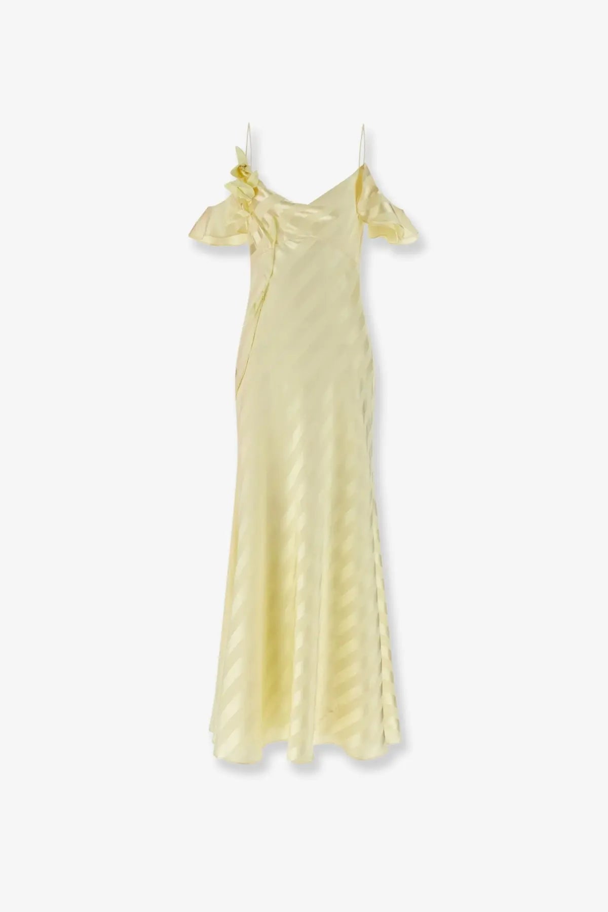 Self-portrait women’s yellow satin slip dress with delicate ruffled shoulders and subtle diagonal ribbed texture