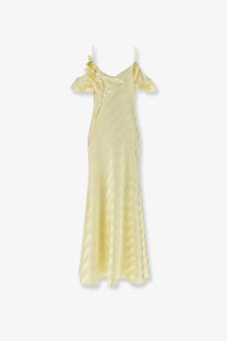 Self-portrait women’s yellow satin slip dress with delicate ruffled shoulders and subtle diagonal ribbed texture