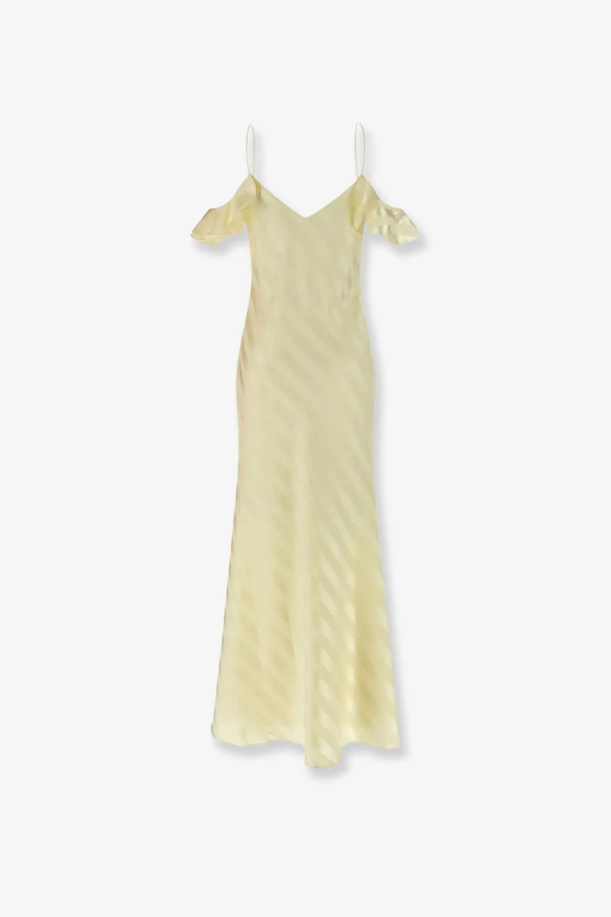 Self-portrait women’s striped satin long dress in pale yellow with delicate ruffled shoulder straps and diagonal ribbed texture
