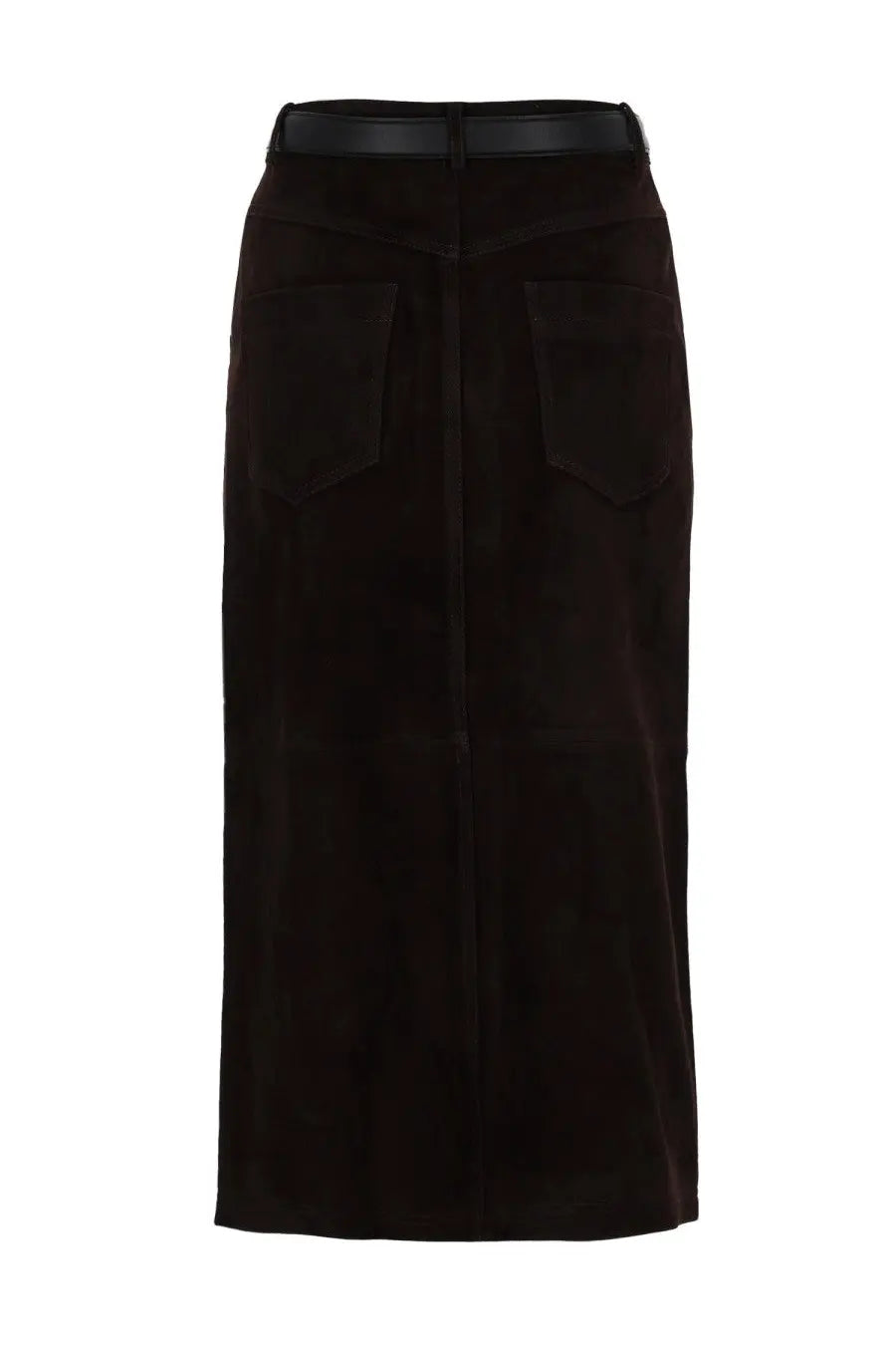Black suede midi skirt with matching belt by self-portrait in brown showcasing elegant material and design