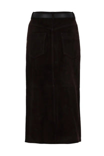 Black suede midi skirt with matching belt by self-portrait in brown showcasing elegant material and design