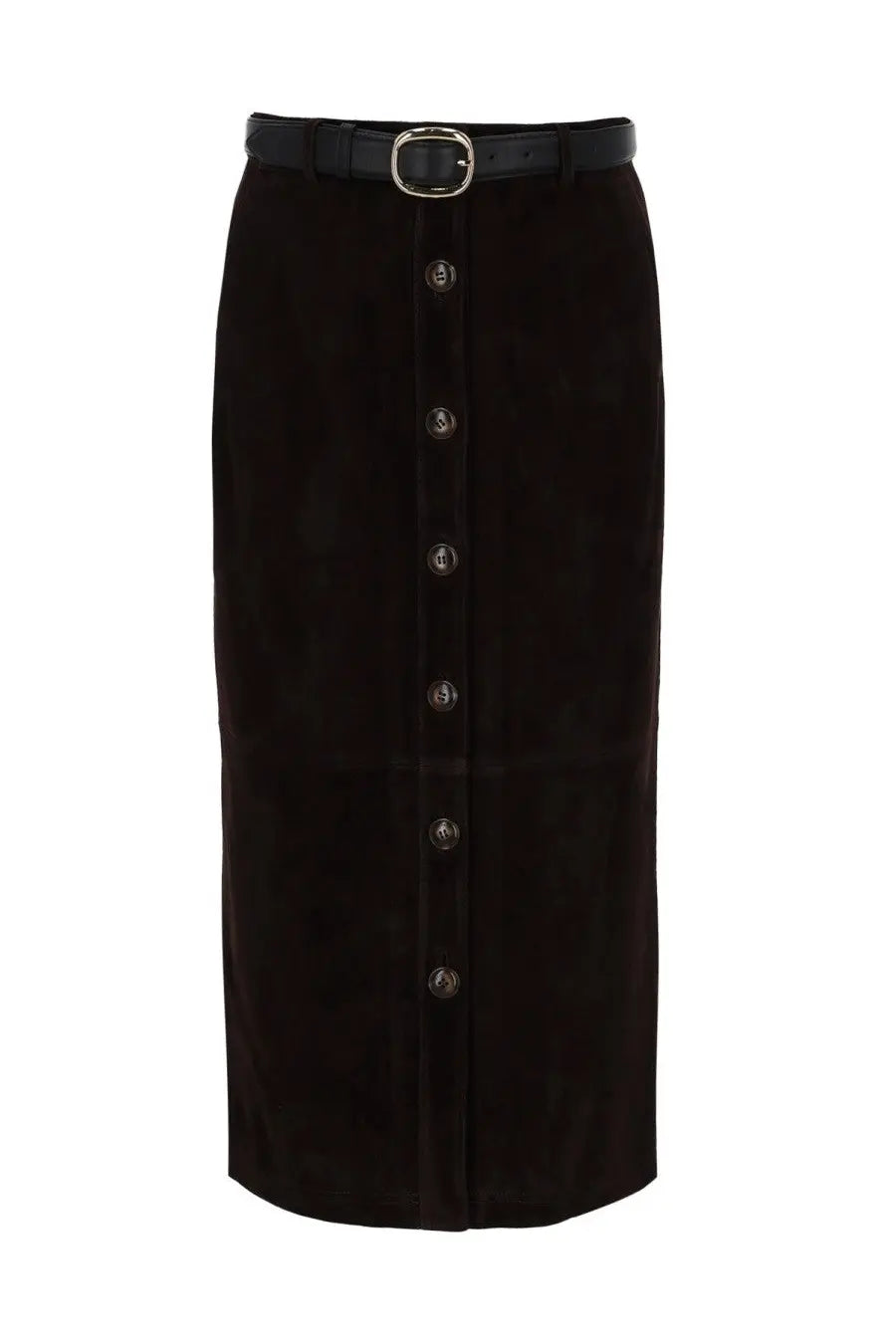 Black suede midi skirt with central button closure and matching belt from self-portrait womens collection