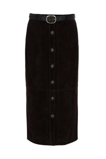 Black suede midi skirt with central button closure and matching belt from self-portrait womens collection